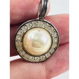 Vintage Roman Faux Pearl Rhinestone Silver tone Pendant for Necklace Round 1" Sc